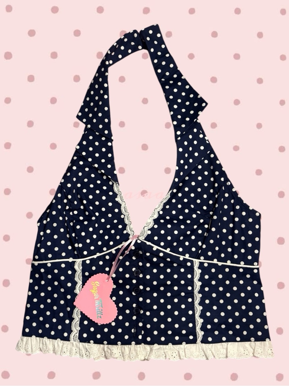 Dolls Kill Sugar Thrillz NWT House Tour Polka Dot Lace Halter Top Size Medium